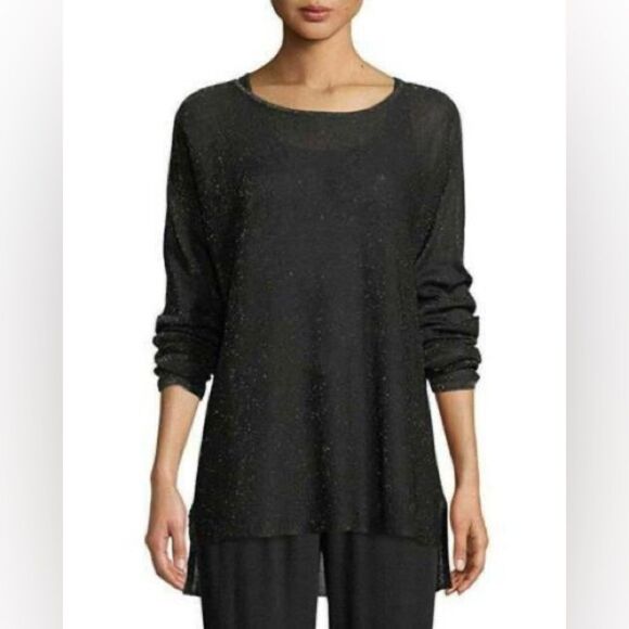 Eileen Fisher Black/Gold Bateau Neck Linen Crepe Tunic Metallic Thread Size Med - Picture 2 of 15